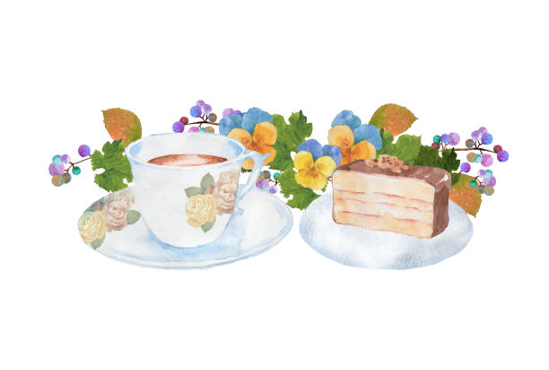 茶碗と花のケーキ - 紅茶点のイラスト素材／クリップアート素材／マンガ素材／アイコン素材