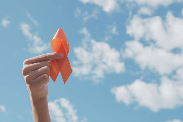 Hands holding orange Ribbon over blue sky,  Leukemia cancer and Multiple sclerosis, COPD and ADHD awareness, world kidney day Hands holding orange Ribbon over blue sky,  Leukemia cancer and Multiple sclerosis, COPD and ADHD awareness, world kidney day animal internal organ stock pictures, royalty-free photos & images