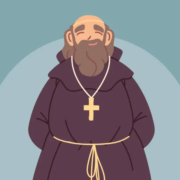 Vector illustration of priest or monk wearing brown hooded gown