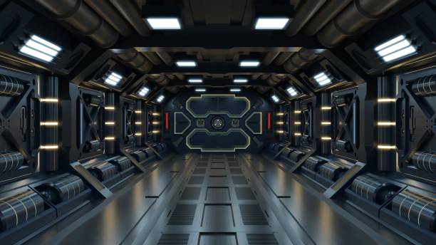 istock Science background fiction interior room sci-fi spaceship corridors yellow. 1263494742