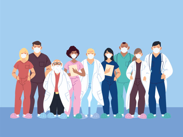 illustrazioni stock, clip art, cartoni animati e icone di tendenza di operatori sanitari, medici e infermieri - doctor healthcare and medicine nurse team