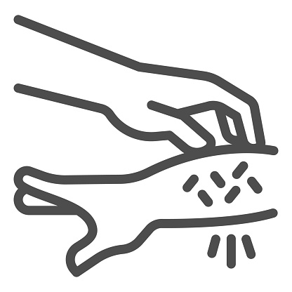 Allergic hand scabies line icon, Allergy concept, Rash hand sign on white background, one hand scratches other because of allergies icon in outline style for mobile and web. Vector graphics