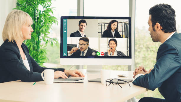 istock Video call group business people meeting on virtual workplace or remote office 1263501014