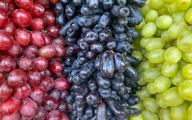 primo piano sfondo rosso, nero e verde. tre uve colorate sono sul mercato. - red grape grape fruit sweet food foto e immagini stock