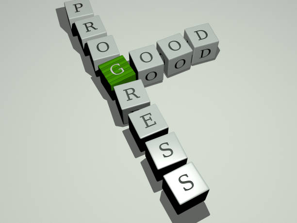istock combination of GOOD PROGRESS built by cubic letters from the top perspective, excellent for the concept presentation. illustration and background. 3D illustration 1263511136