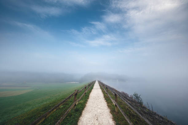 Idyllic footpath by the foggy lake in the early morning.