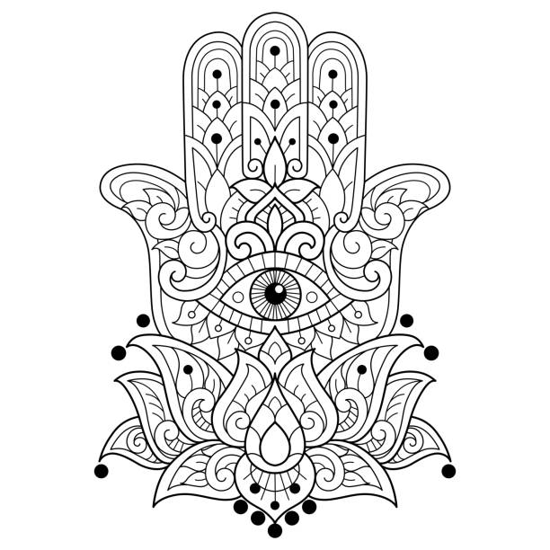 ilustrações, clipart, desenhos animados e ícones de doodle hamsa emaranha página de coloração adulta, estilo ilustração. - hamsa