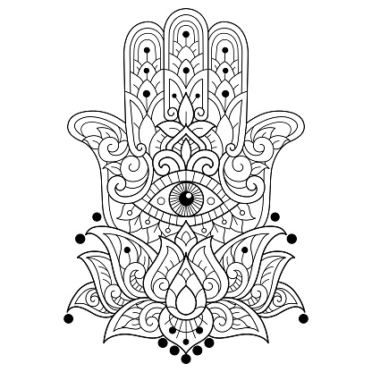 doodle Hamsa tangles adult coloring page, Illustration  style.