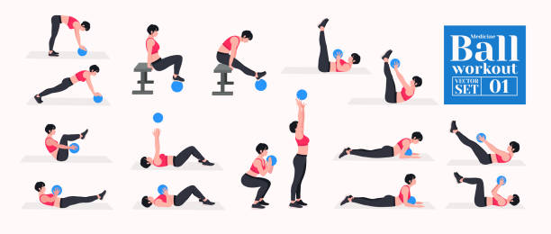 Vetor de Exercise ball workout set. Idea of body health and
