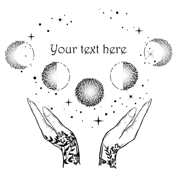 Vector illustration of Vintage boho illustration with magic hands and moon phases. Astrology and astronomy concept.