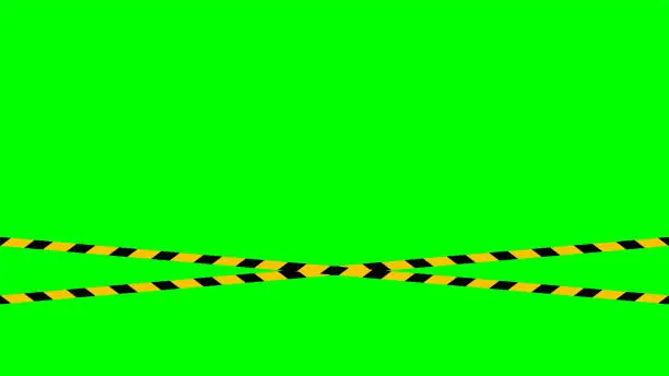 Vector illustration of caution tape stripe on green screen background, green screen video and safety strip, warning tape line over green screen colour, ribbon yellow black striped on chroma key screen