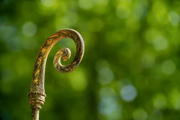 gilded bishop's crozier of a statue isolated on blurry green background