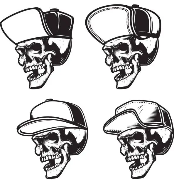 Vector illustration of Set of Illustrations of skull in baseball cap in monochrome style. Design element for emblem, sign, poster, card, banner. Vector illustration