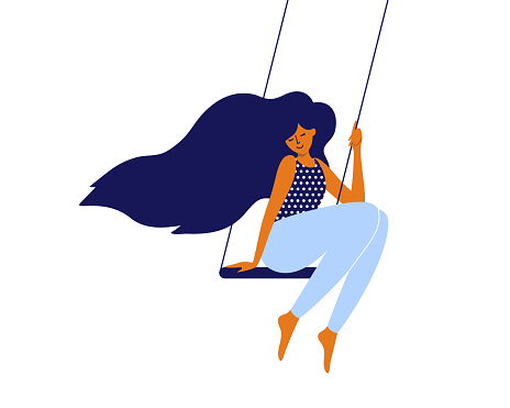 Love and time for yourself, self care, slow life concept. Cute girl with long hair sitting on swing. Young smiling mother takes break and relaxes. Happy woman, wellbeing, body care vector illustration