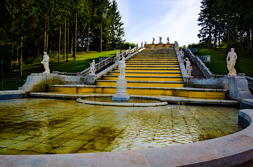 Peterhof, St. Petersburg, Russia - august 25, 2019: Fountain cascade with pool and golden steps in the park, surrounded by tall pine trees.