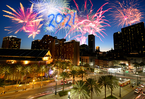 2021 New Year fireworks celebration over New Orleans, Louisiana, USA