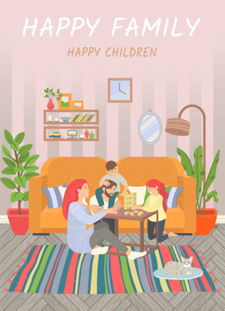 glückliche familie, eltern und kinder spielen zu hause - teppichboden couch stock-grafiken, -clipart, -cartoons und -symbole