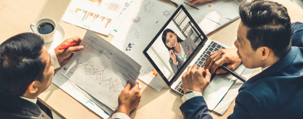 istock Video call group business people meeting on virtual workplace or remote office 1263533324