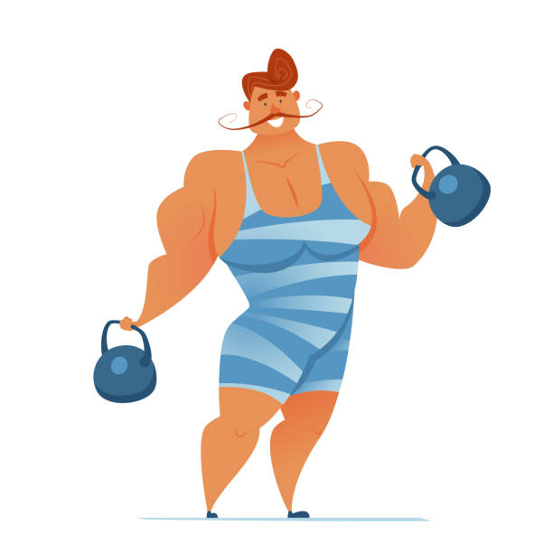 starker mann mit kettlebells - circus strongman men muscular build stock-grafiken, -clipart, -cartoons und -symbole
