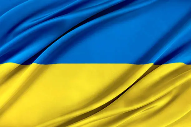 Colorful Ukraine flag waving in the wind. 3D illustration.