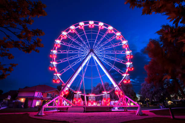 ruota panoramica andare in giro a lake balaton di notte - ferris wheel wheel night neon light foto e immagini stock