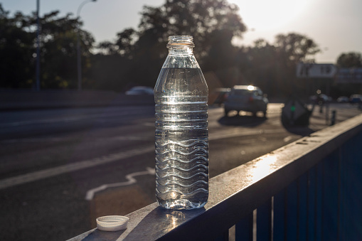 Madrid Spain. July 31, 2020. Water bottle in the city in summer. Madrid. Spain. Hot afternoons