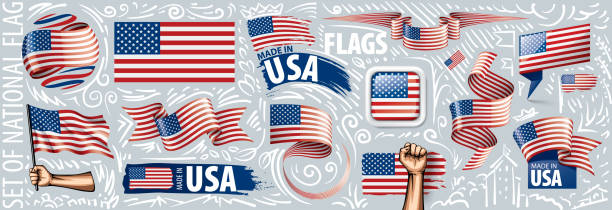 istock Vector set of the national flag of USA in various creative designs 1263539227