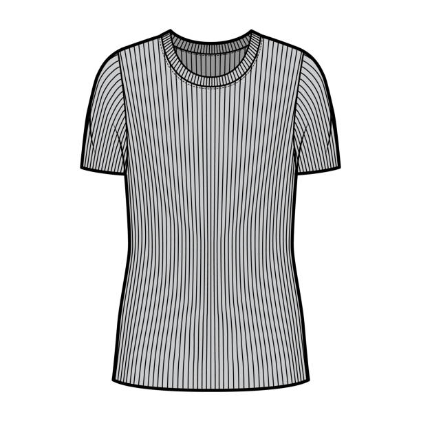 istock Ribbed crew neck knit sweater technical fashion illustration with short rib sleeves, oversized body, tunic length 1263540788