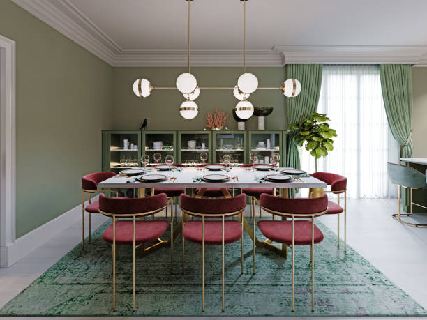 istock Dining area with dining table, turquoise chairs, white marble countertop, served table. Large dining room kitchen in mint colors. 1263543470