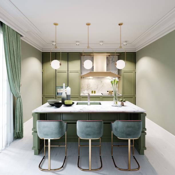 istock New design, kitchen counter with three bar stools, mint color kitchen. 1263543585