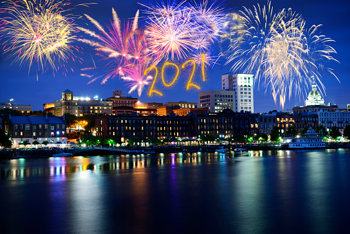 2021 New year fireworks celebration over Savannah, Georgia, USA