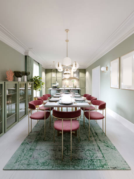 istock Dining area with dining table, turquoise chairs, white marble countertop, served table. Large dining room kitchen in mint colors. 1263545789