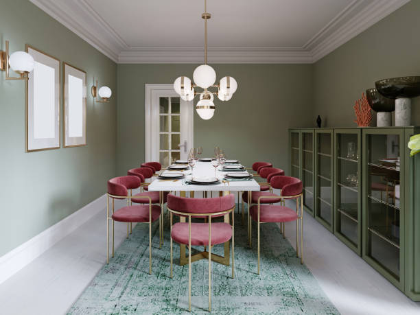 istock Dining area with dining table, turquoise chairs, white marble countertop, served table. Large dining room kitchen in mint colors. 1263545828