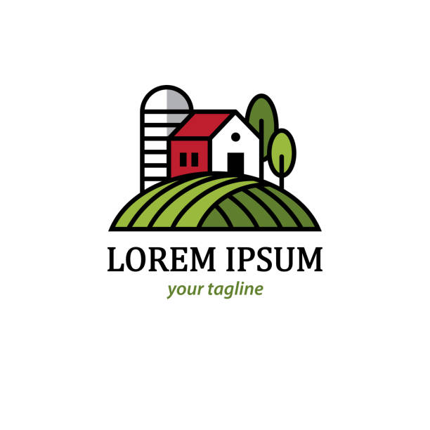 Farming logo with farm barn and silo. Agriculture, natural farming, organic farm vector logo with abstract green farm field and buildings: red barn and silo. red barn house stock illustrations