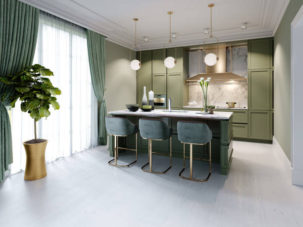 istock New design pistachio color kitchen with kitchen island. 1263546234