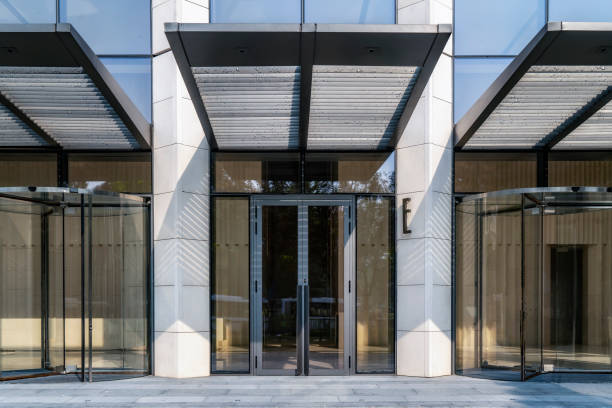 istock Entrance and exit of financial district office building 1263546296