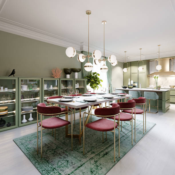 istock Dining area with dining table, turquoise chairs, white marble countertop, served table. Large dining room kitchen in mint colors. 1263547447