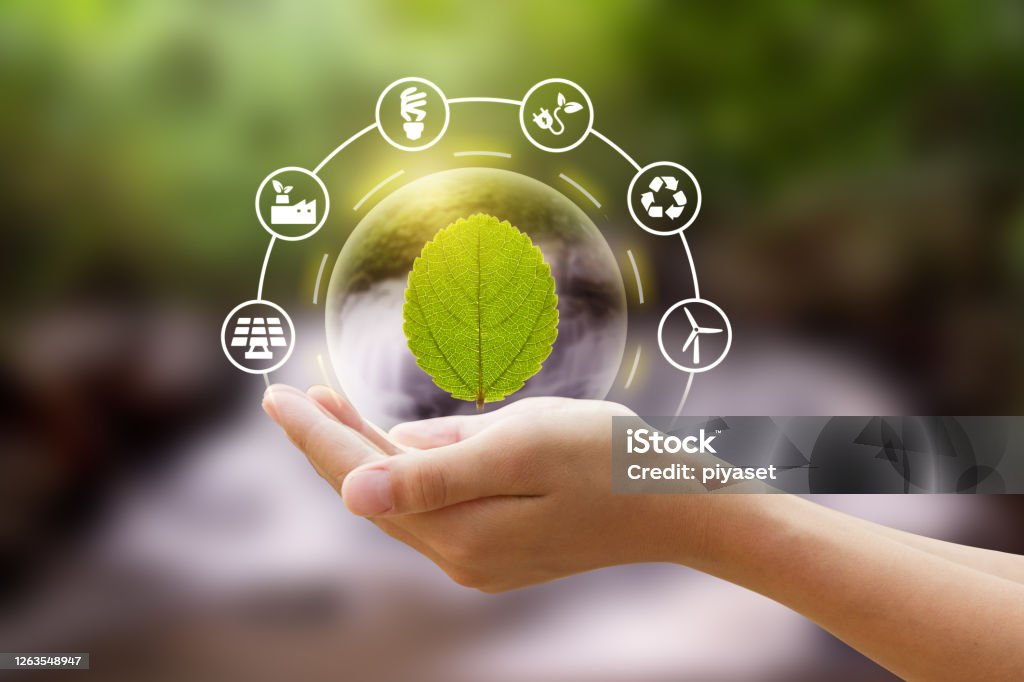 Sustainable lifestyle and Environmental Hand holding a bubble of leaf with eco icon and Nature background metaphor sustainable lifestyle and Eco friendly Sustainable Resources Stock Photo