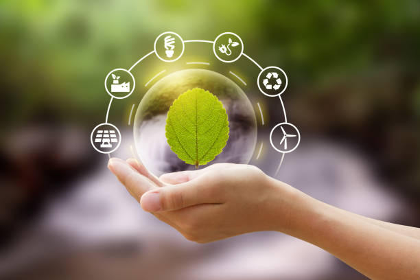 Sustainable lifestyle and Environmental Hand holding a bubble of leaf with eco icon and Nature background metaphor sustainable lifestyle and Eco friendly alternative lifestyle stock pictures, royalty-free photos & images