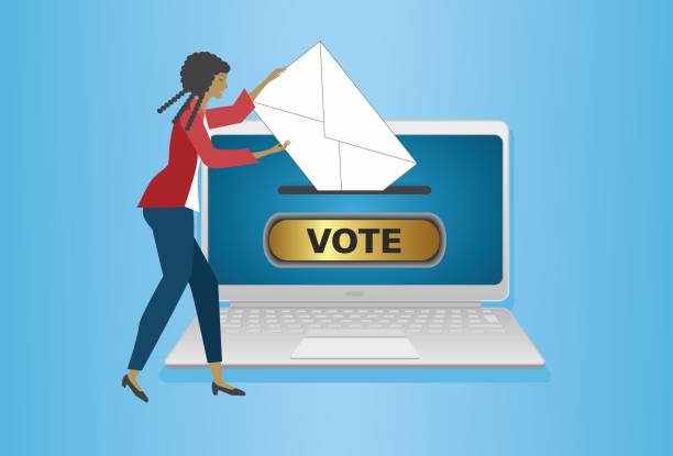 ilustrações, clipart, desenhos animados e ícones de votação online. mulher saindo daqui votam para as eleições. - urna eletrônica