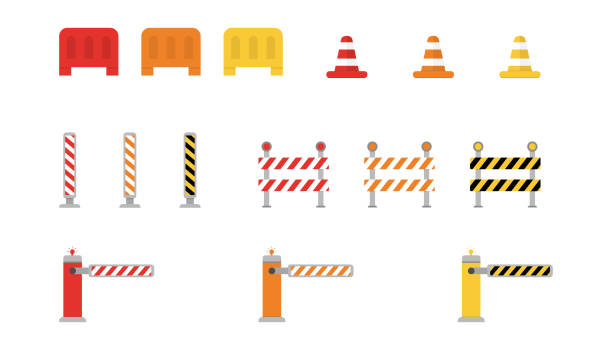 Set of road barriers. Warning roadblock border. Striped street signs. Attention construction fence due to work. Street road sign. Isolated caution barrier. Vector EPS 10. Set of road barriers. Warning roadblock border. Striped street signs. Attention construction fence due to work. Street road sign. Isolated caution barrier. Vector EPS 10 barricade stock illustrations