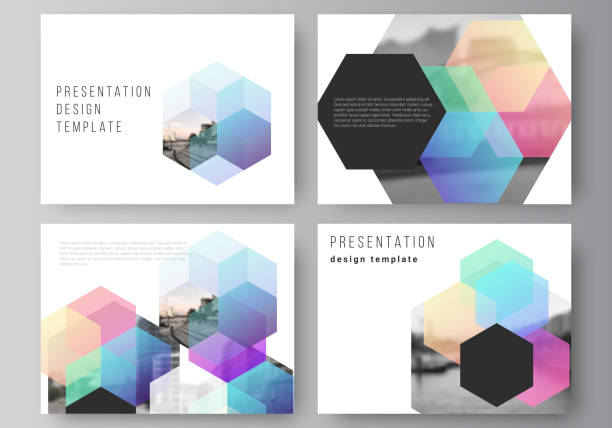 Vector layout of the presentation slides design business templates, multipurpose template with colorful hexagons, geometric shapes, tech background for presentation brochure, brochure cover, report. Vector layout of the presentation slides design business templates, multipurpose template with colorful hexagons, geometric shapes, tech background for presentation brochure, brochure cover, report book cover photos stock illustrations