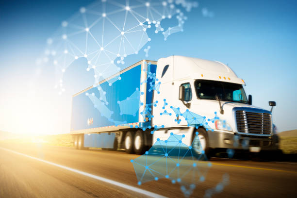 istock Container Truck on Highway with Polygon Network Pan Asia Pac Globe Graphic 1263553194