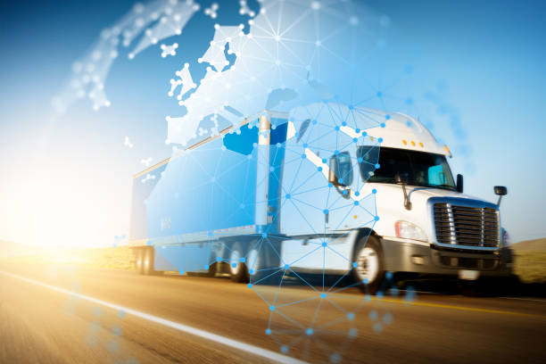 istock Container Truck on Highway with Polygon Network Pan Europe Globe Graphic 1263553247