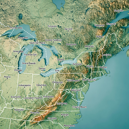 3D Render of a Topographic Map of North East Region of the United States of America. Version with Country Boundaries and Cities.\nAll source data is in the public domain.\nColor texture: Made with Natural Earth. \nhttp://www.naturalearthdata.com/downloads/10m-raster-data/10m-cross-blend-hypso/\nRelief texture: GMTED2010 data courtesy of USGS. URL of source image: \nhttps://topotools.cr.usgs.gov/gmted_viewer/viewer.htm\nWater texture: World Water Body Limits: Humanitarian Information Unit HIU, U.S. Department of State\nhttp://geonode.state.gov/layers/geonode%3AWorld_water_body_limits_polygons\nBoundaries: Humanitarian Information Unit HIU, U.S. Department of State (database: LSIB)\nhttp://geonode.state.gov/layers/geonode%3ALSIB_10