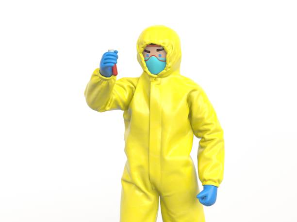 istock Medic in yellow hazmat suit looking on blood test 1263555158