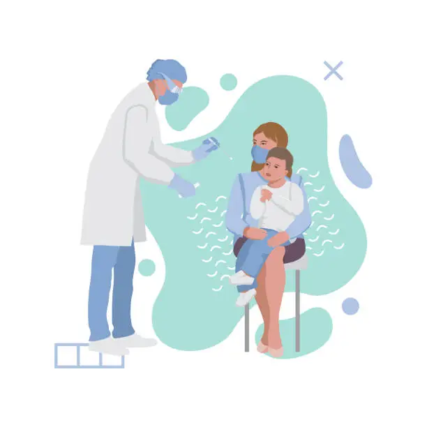 Vector illustration of Test for throat infection in a child. Coronavirus Covid 19 testing