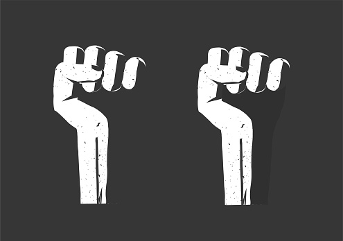 Revolution hand fist up as freedom power vector flat, propaganda rebel protest sign, radical strike concept, victory fight punch cartoon grunge black white illustration, rights conflict aggressive