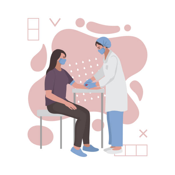 Taking blood for test medical composition with abstract elements Taking blood in the laboratory. a medical professional takes blood from a woman for test. Template with text place, medical composition with abstract geometric elements. blood illustrations stock illustrations