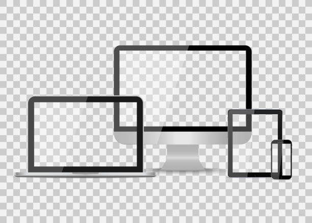 デバイスのモックアップ。ノートパソコン、パソコン、タブレット、スマートフォン。透明な背景に分離された空白のデジタル画面を持つメディア ガジェット。pcプロ、モニター、電話、社� - ipad digital tablet computer monitor blank点のイラスト素材／クリップアート素材／マンガ素材／アイコン素材